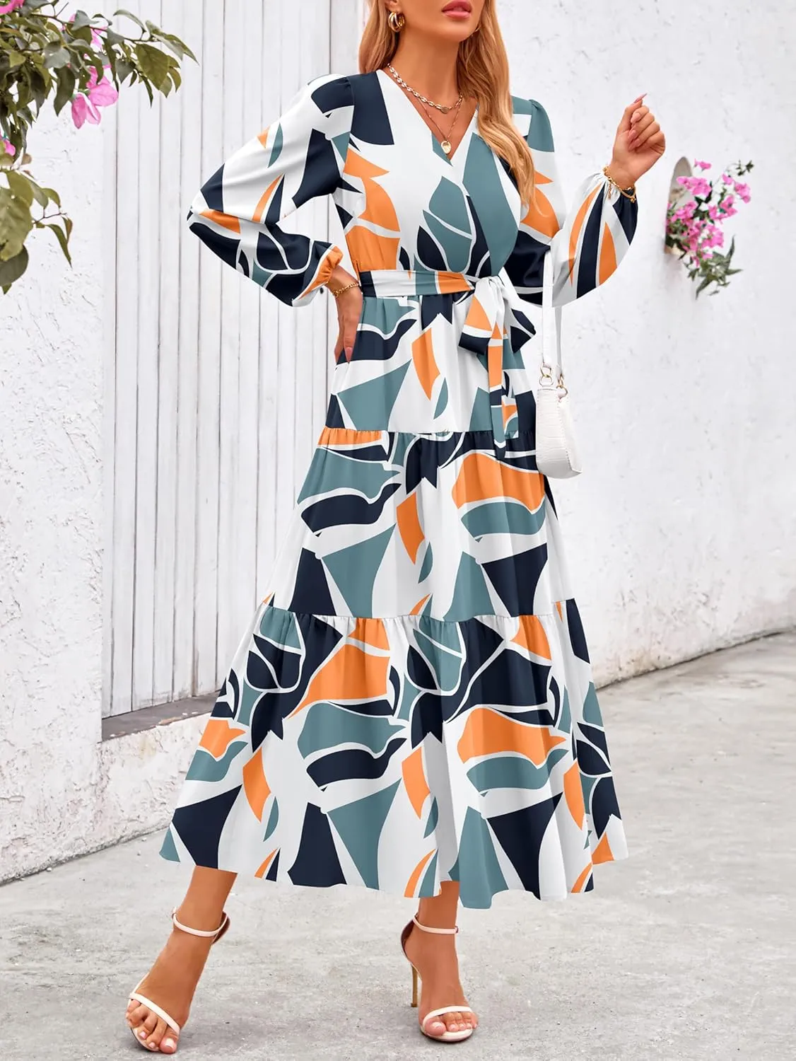 PRETTYGARDEN Womens Spring Long Sleeve Wrap V Neck Ruffle Floral Maxi Dress Casual Tie Waist Boho Chiffon Flowy Long Dresses