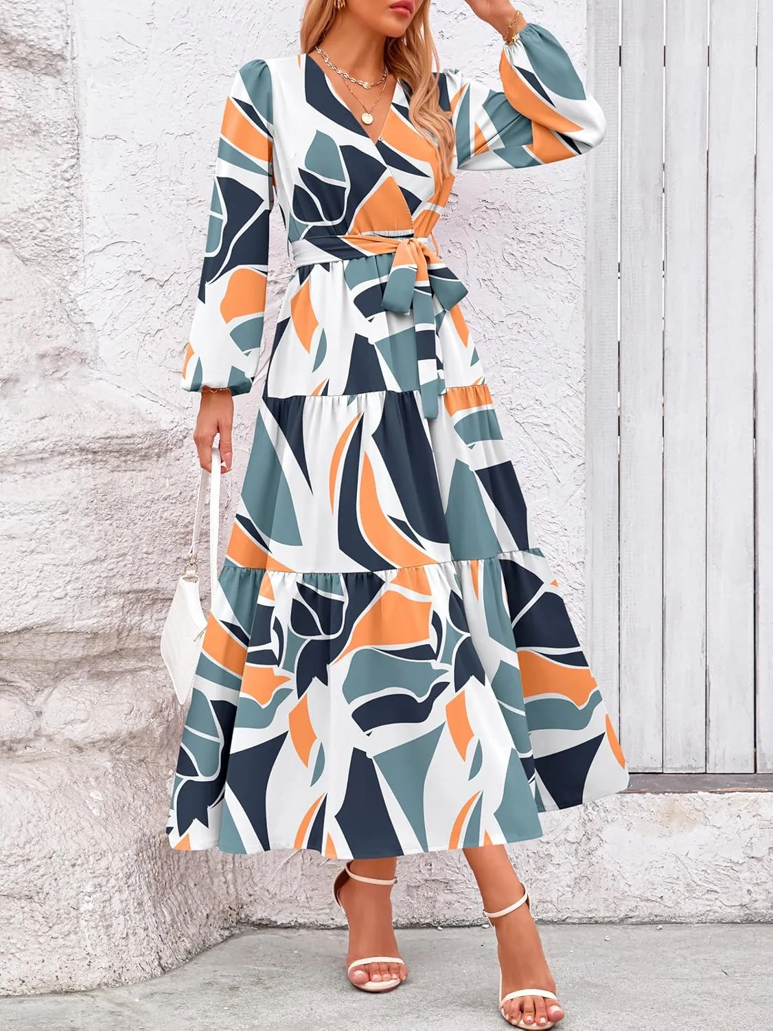PRETTYGARDEN Womens Spring Long Sleeve Wrap V Neck Ruffle Floral Maxi Dress Casual Tie Waist Boho Chiffon Flowy Long Dresses