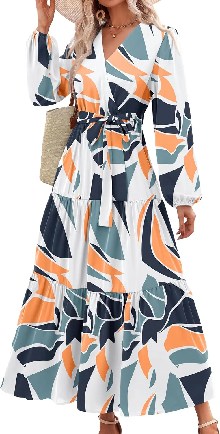 PRETTYGARDEN Womens Spring Long Sleeve Wrap V Neck Ruffle Floral Maxi Dress Casual Tie Waist Boho Chiffon Flowy Long Dresses