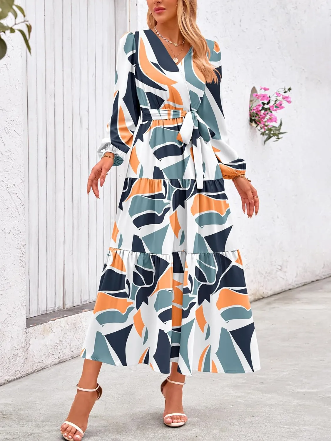 PRETTYGARDEN Womens Spring Long Sleeve Wrap V Neck Ruffle Floral Maxi Dress Casual Tie Waist Boho Chiffon Flowy Long Dresses