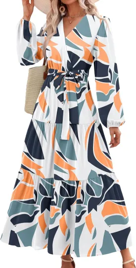 PRETTYGARDEN Womens Spring Long Sleeve Wrap V Neck Ruffle Floral Maxi Dress Casual Tie Waist Boho Chiffon Flowy Long Dresses