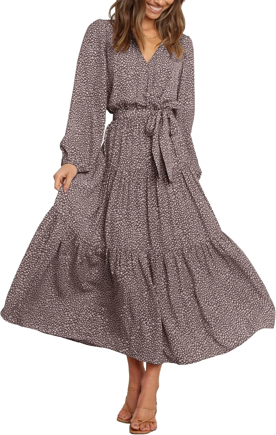 PRETTYGARDEN Womens Spring Long Sleeve Wrap V Neck Ruffle Floral Maxi Dress Casual Tie Waist Boho Chiffon Flowy Long Dresses