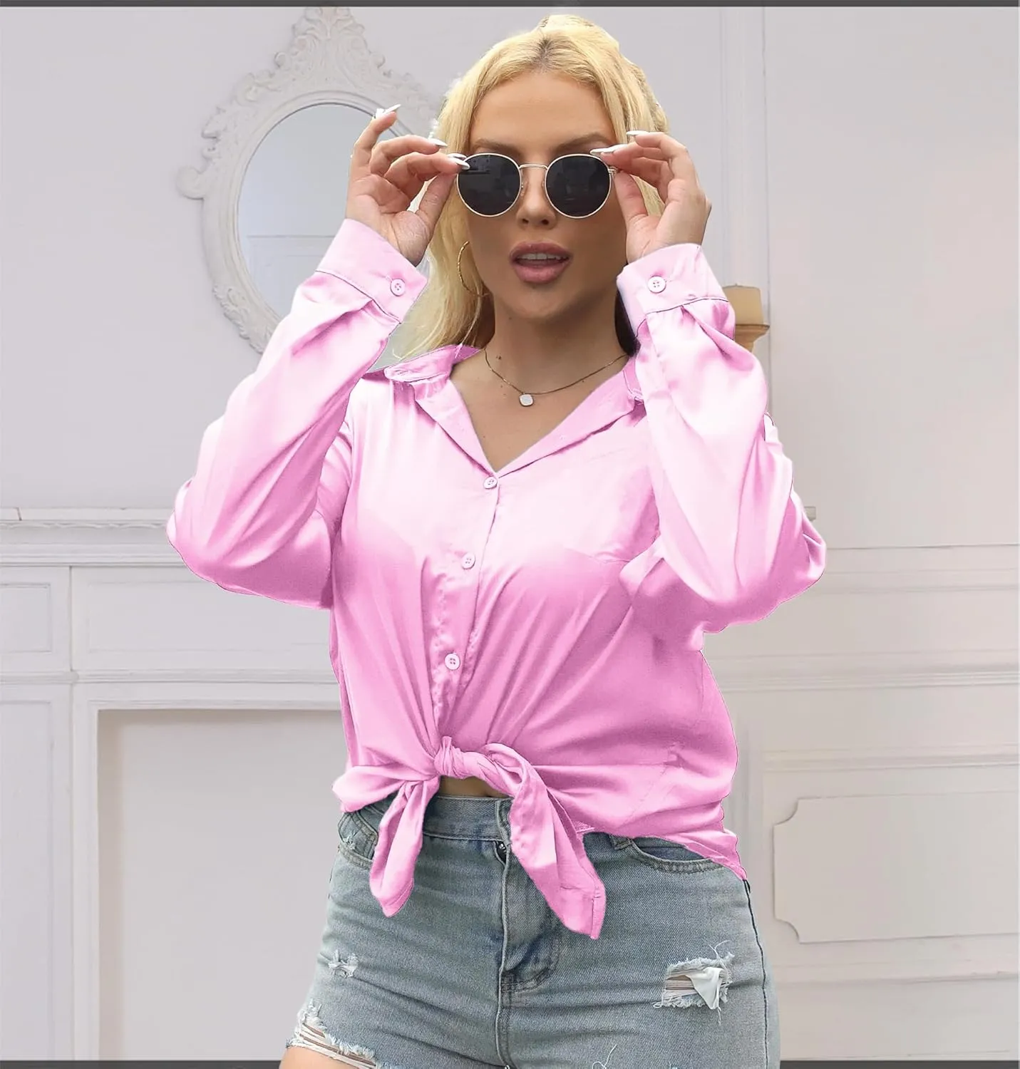 Satin Silk Button Up Blouses for Women Dressy Casual - Button Down Shirts Long Sleeve Office Tops with Pocket