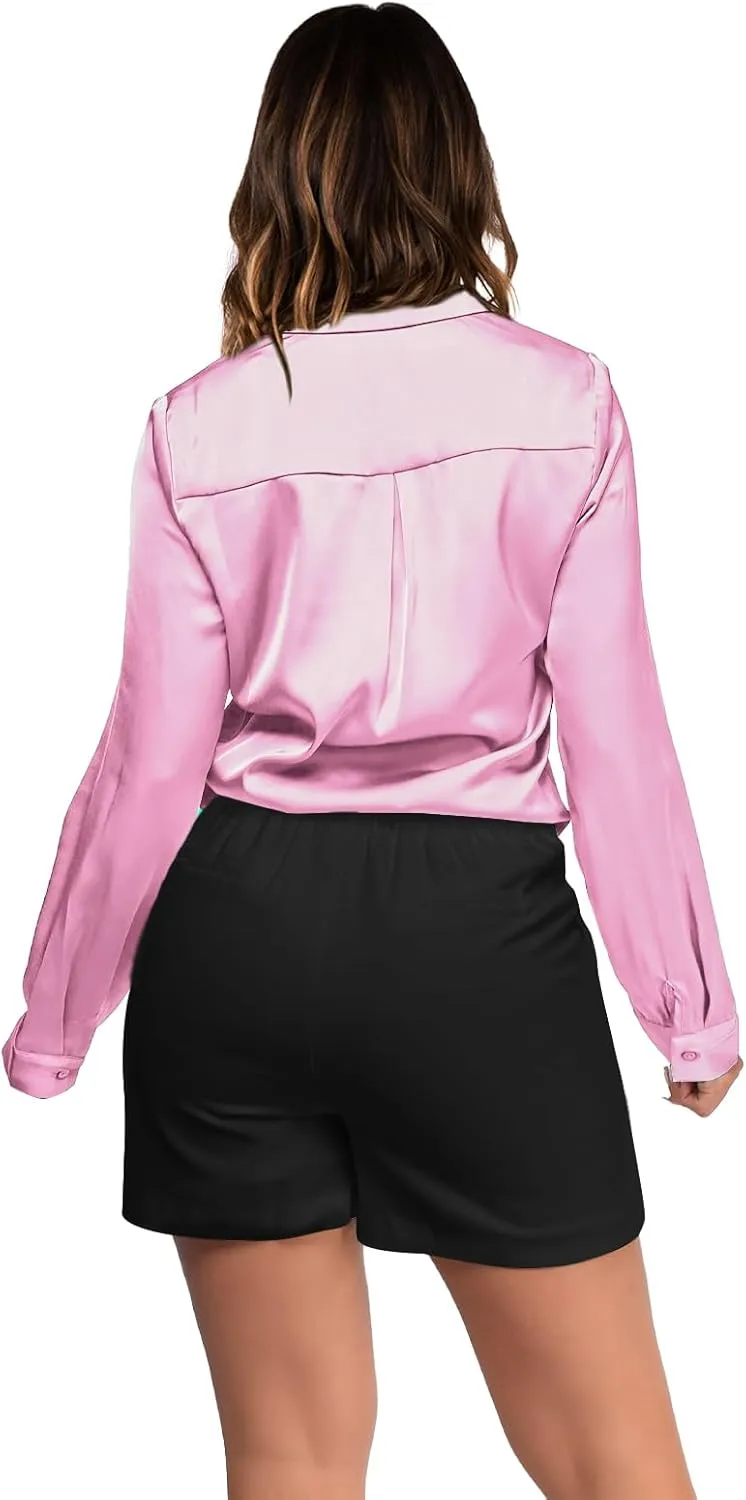 Satin Silk Button Up Blouses for Women Dressy Casual - Button Down Shirts Long Sleeve Office Tops with Pocket