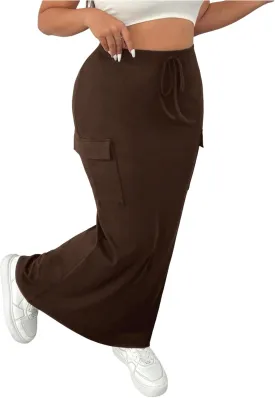SOLY HUX Women's Plus Size Cargo Skirts Y2k Vintage Long Maxi Skirts with Pockets Streetwear