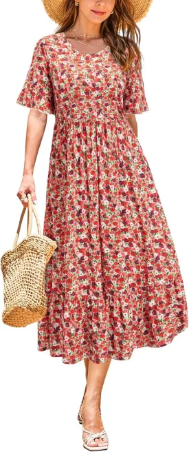 STYLEWORD Women's Summer 2025 Casual Short Sleeve Tiered Flowy Spring Dress Long Midi Beach Sundress Vacation Outfits