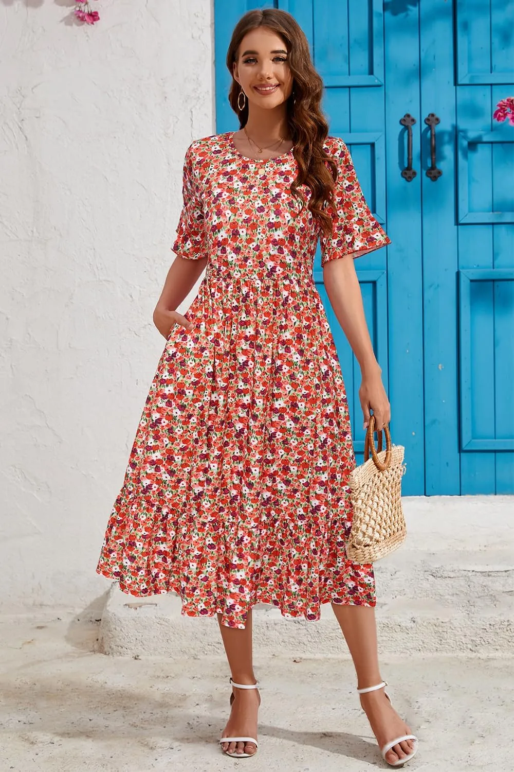 STYLEWORD Women's Summer 2025 Casual Short Sleeve Tiered Flowy Spring Dress Long Midi Beach Sundress Vacation Outfits