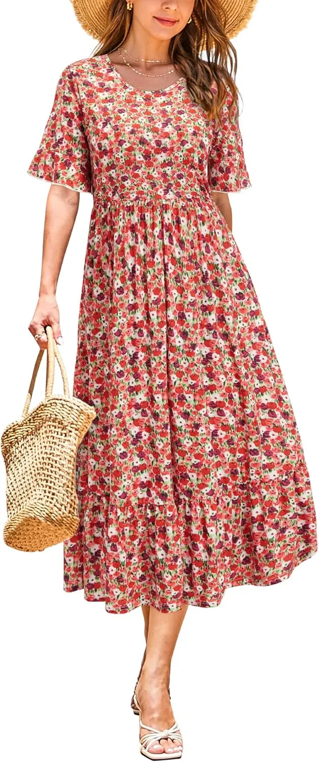 STYLEWORD Women's Summer 2025 Casual Short Sleeve Tiered Flowy Spring Dress Long Midi Beach Sundress Vacation Outfits