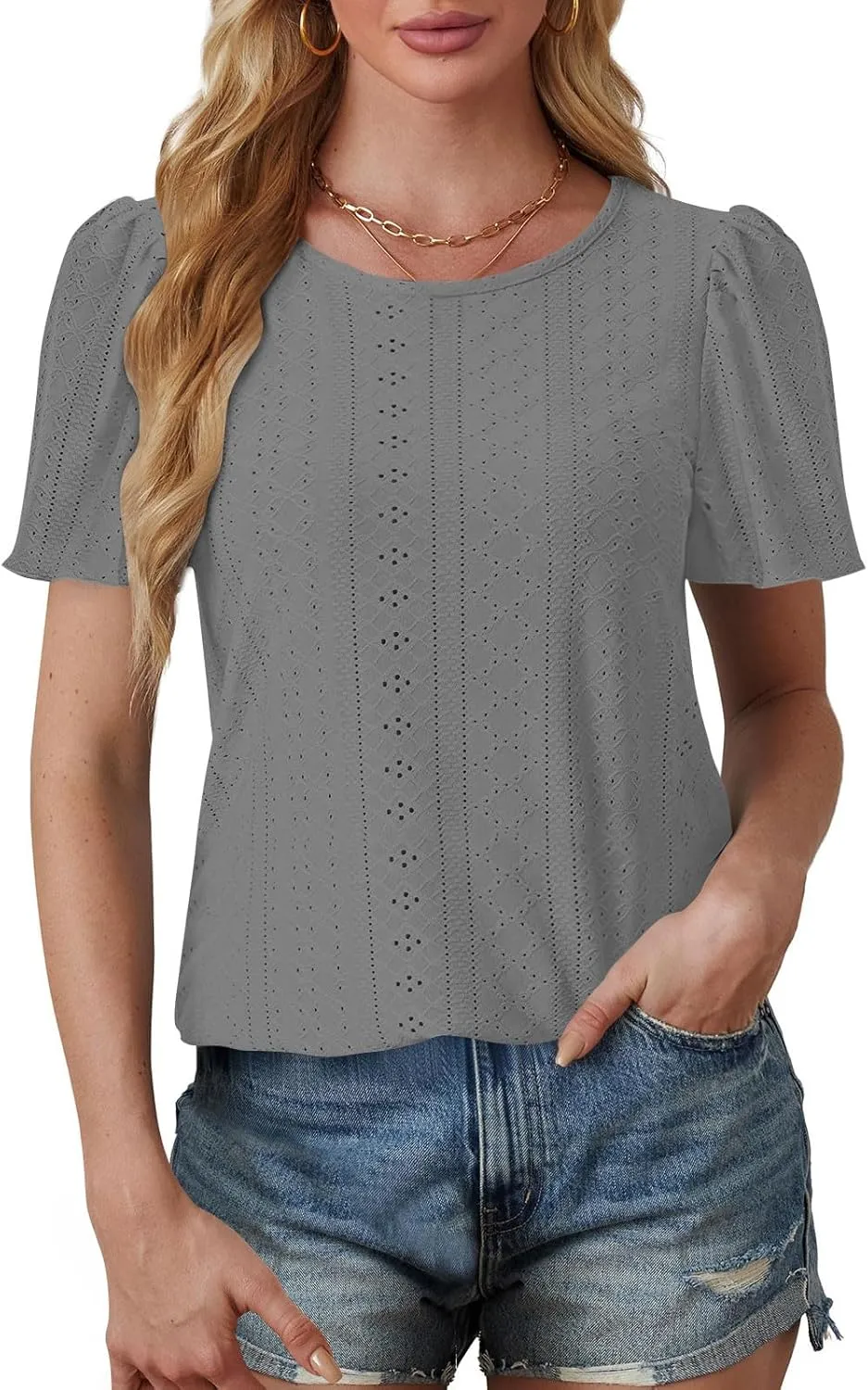 Summer Blouses for Women Short Sleeve Crewneck Fashion Eyelet Tee Tops Lightweight Loose Fit Tunic Shirt