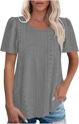 Summer Blouses for Women Short Sleeve Crewneck Fashion Eyelet Tee Tops Lightweight Loose Fit Tunic Shirt