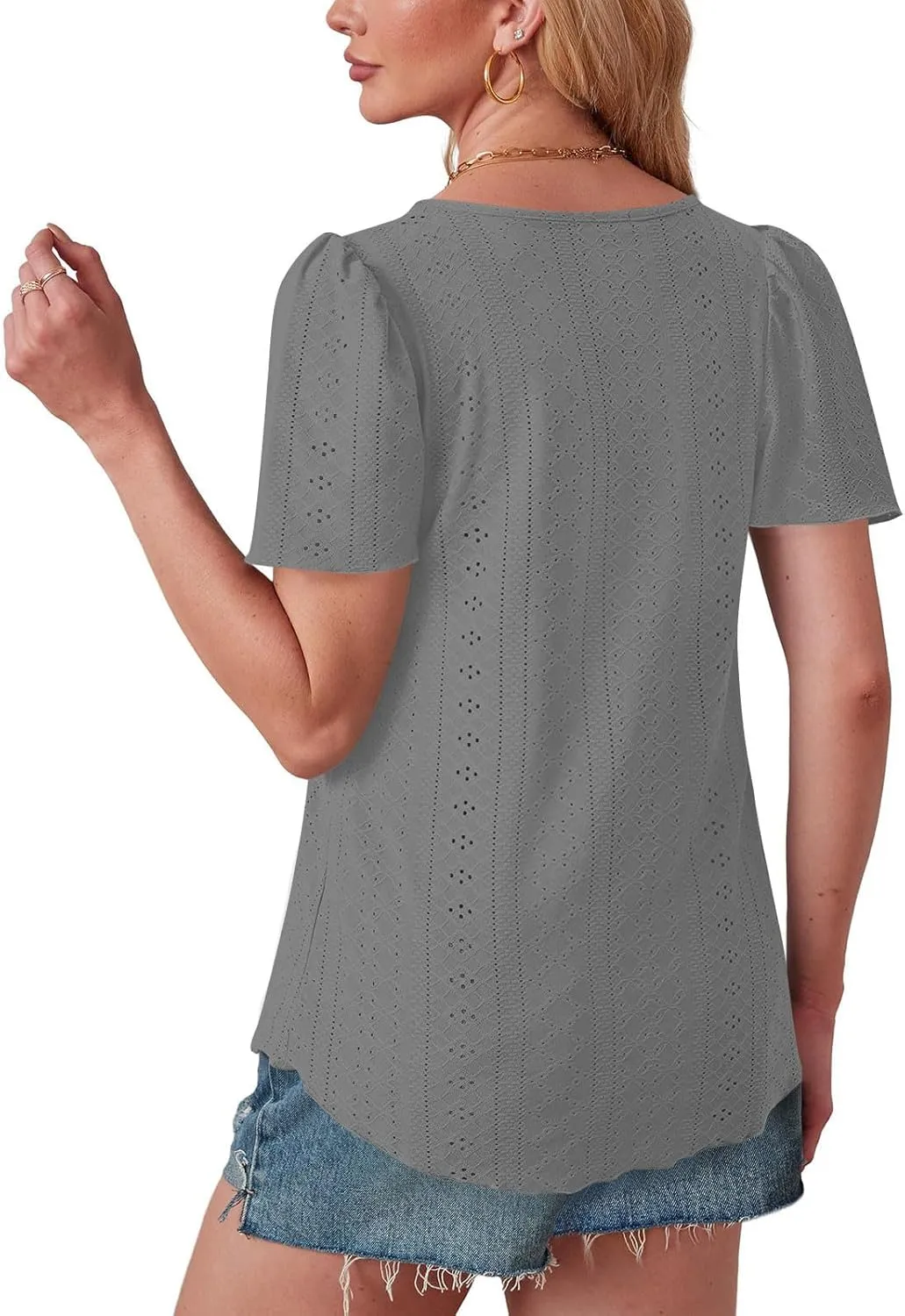 Summer Blouses for Women Short Sleeve Crewneck Fashion Eyelet Tee Tops Lightweight Loose Fit Tunic Shirt