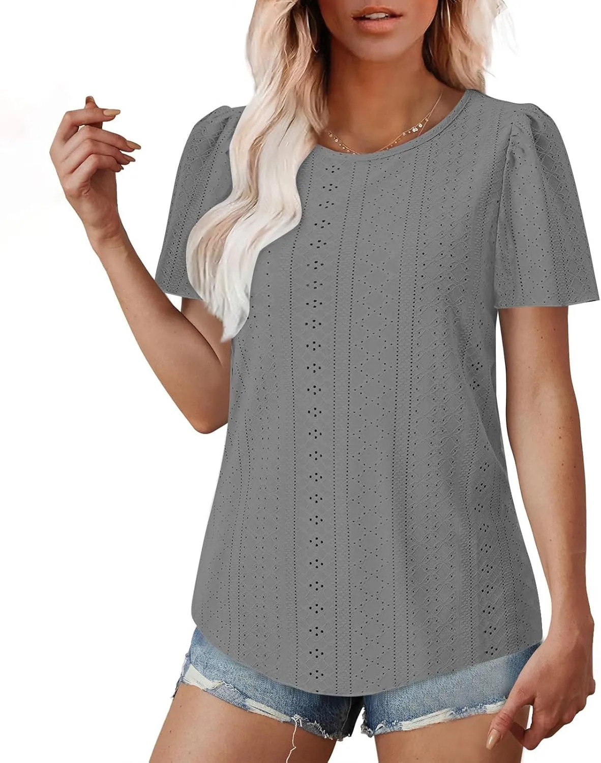 Summer Blouses for Women Short Sleeve Crewneck Fashion Eyelet Tee Tops Lightweight Loose Fit Tunic Shirt