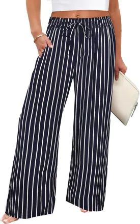 TIYOMI Plus Size Wide Leg Pants for Women 3X Stripe Elastic High Waisted Drawstring Summer Hawaiian Pants Navy Blue Trousers with Pockets Beach Outfits for Women 3XL 22W 24W
