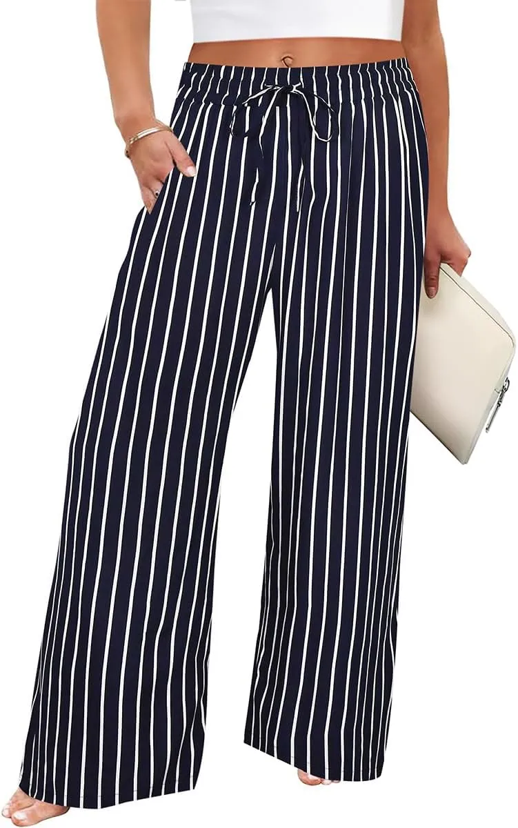 TIYOMI Plus Size Wide Leg Pants for Women 3X Stripe Elastic High Waisted Drawstring Summer Hawaiian Pants Navy Blue Trousers with Pockets Beach Outfits for Women 3XL 22W 24W