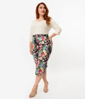 Unique Vintage Plus Size 1960s Multicolor Floral Print High Waist Marcia Wiggle Skirt