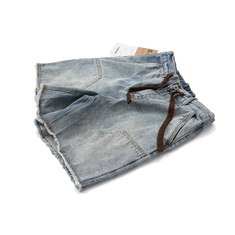 Washed Denim Elastic Waist Shorts Japanese Work Uniform Straight Tube Double Knee Logging Jeans Pants