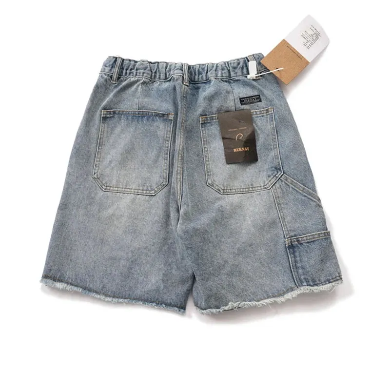Washed Denim Elastic Waist Shorts Japanese Work Uniform Straight Tube Double Knee Logging Jeans Pants