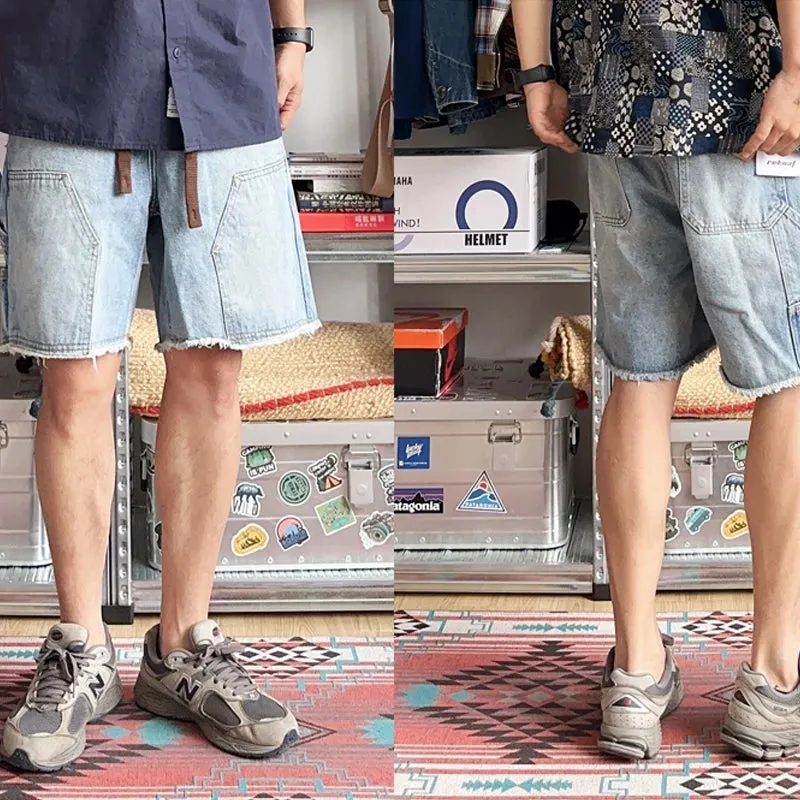 Washed Denim Elastic Waist Shorts Japanese Work Uniform Straight Tube Double Knee Logging Jeans Pants