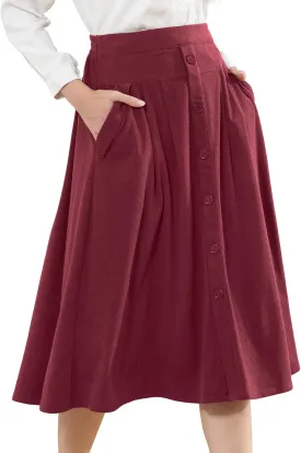 Womens Corduroy Skirts Vintage High Waist Button Long Pleated Skirts A-line Midi Skirt with Pockets Fall Winter