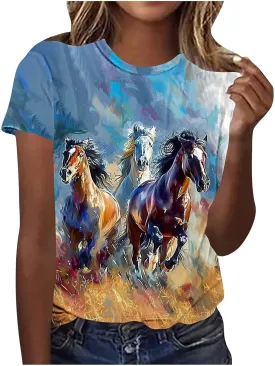 Womens Horse Racing Tops Short Sleeve Vintage Shirts Summer Funny Graphic Print Tee Blouses Holiday Workout Clothes