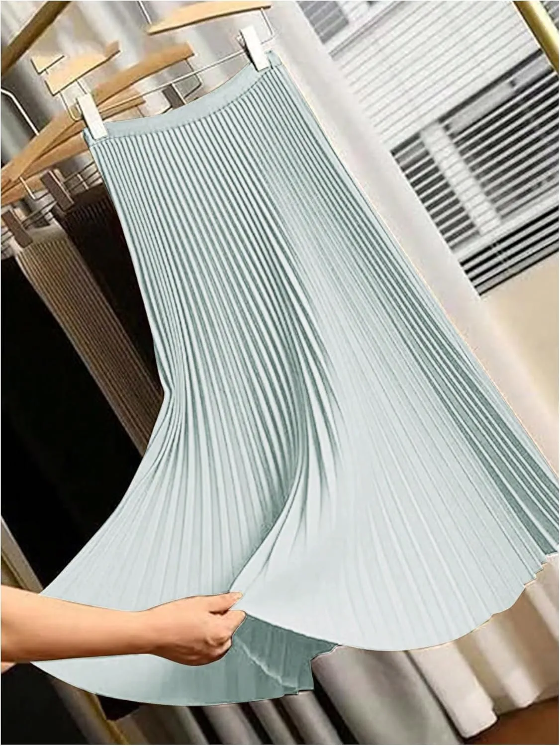 Women's Pleated A Line Midi Skirts Elastic Waist Flared Elegant Office Work Flowy Skirt