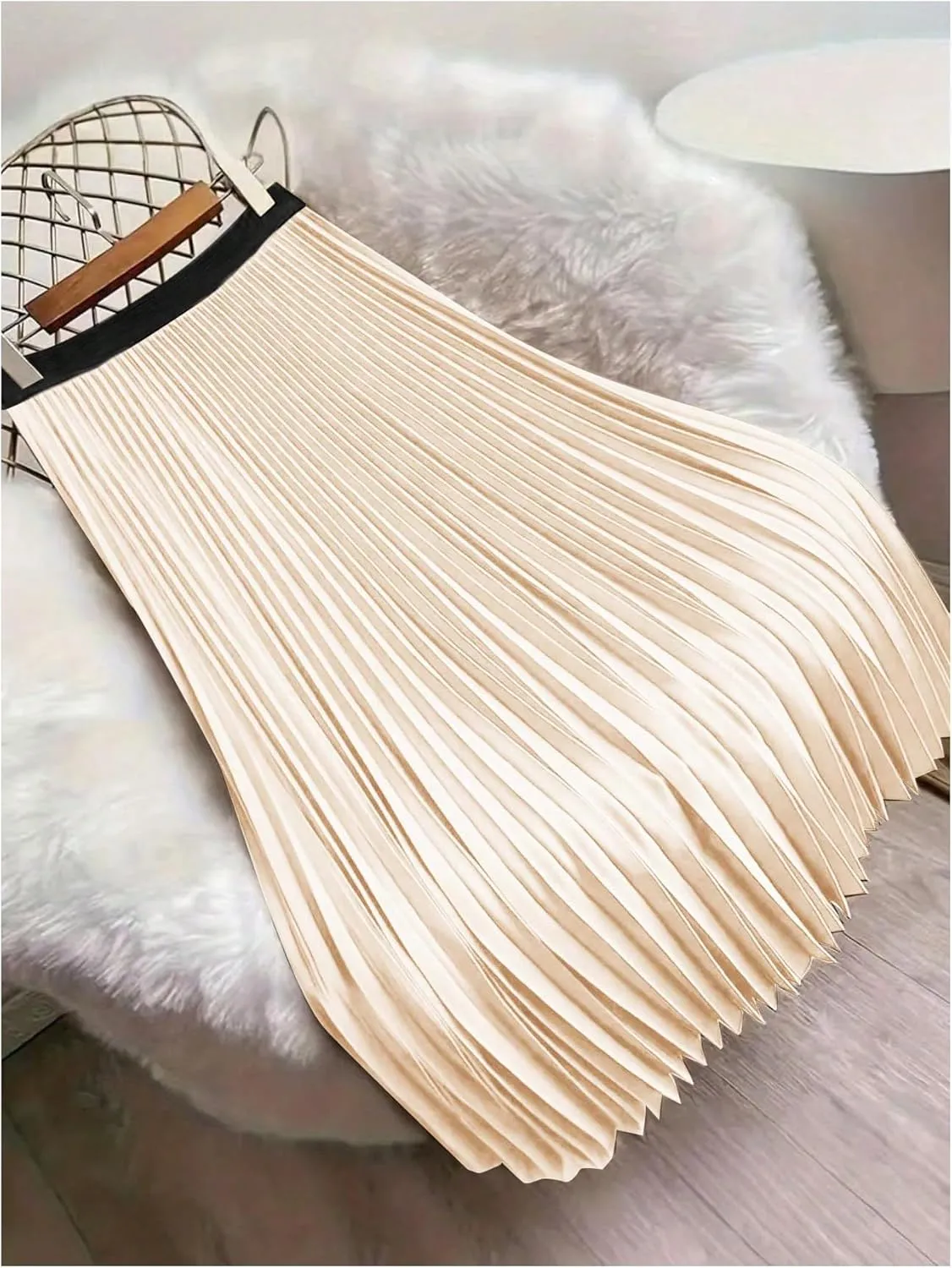Women's Pleated A Line Midi Skirts Elastic Waist Flared Elegant Office Work Flowy Skirt