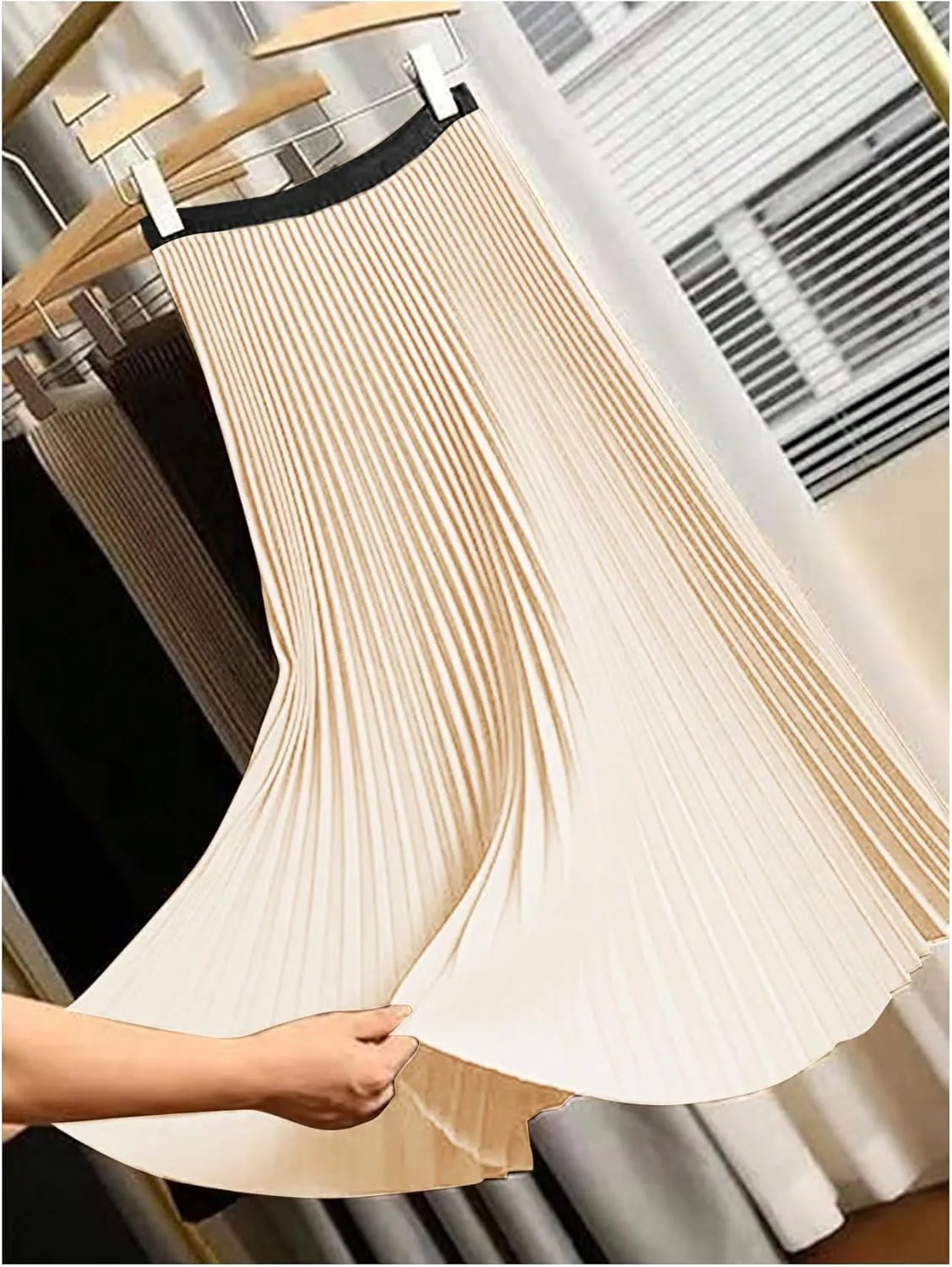 Women's Pleated A Line Midi Skirts Elastic Waist Flared Elegant Office Work Flowy Skirt