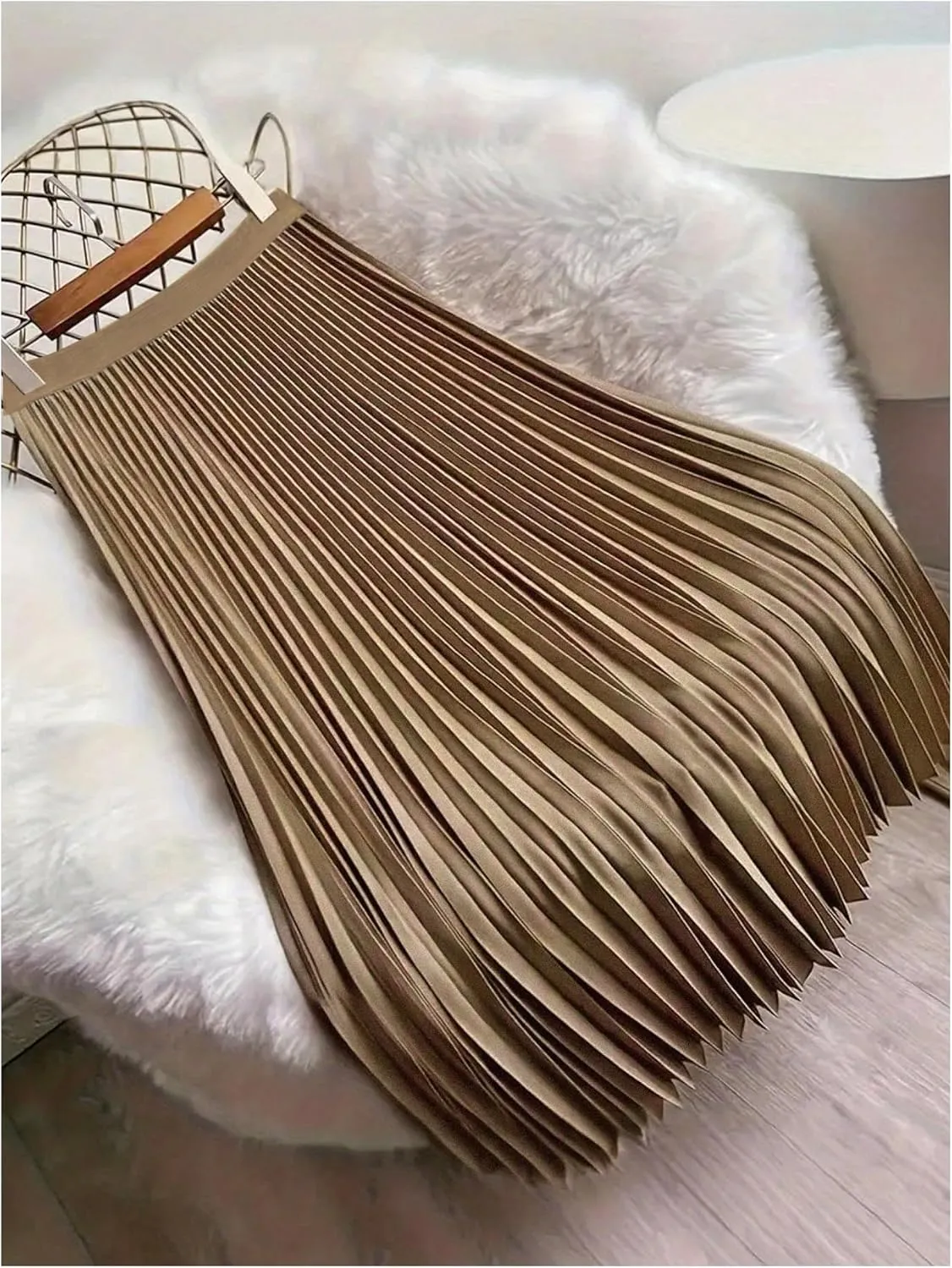 Women's Pleated A Line Midi Skirts Elastic Waist Flared Elegant Office Work Flowy Skirt