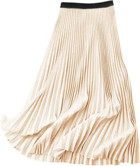 Women's Pleated A Line Midi Skirts Elastic Waist Flared Elegant Office Work Flowy Skirt