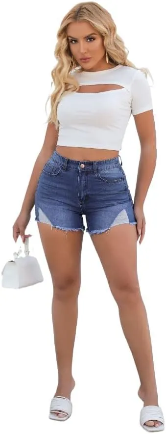 Womens Ripped High Waisted Denim Shorts Stretch Frayed Raw Hem Jean Shorts