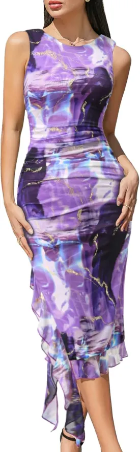Women's Summer Ruched Bodycon Dress Sleeveless Ruffle Cocktail Wedding Party Dresses