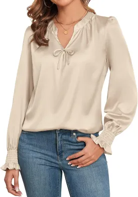 ZAFUL Womens Going Out Satin Tops 2025 Vintage Cute Bow V Neck Silky Blouse Y2K Puff Sleeve Work Shirts