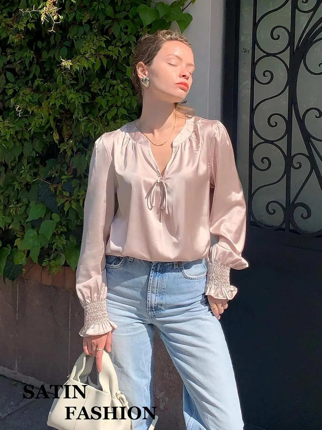 ZAFUL Womens Going Out Satin Tops 2025 Vintage Cute Bow V Neck Silky Blouse Y2K Puff Sleeve Work Shirts