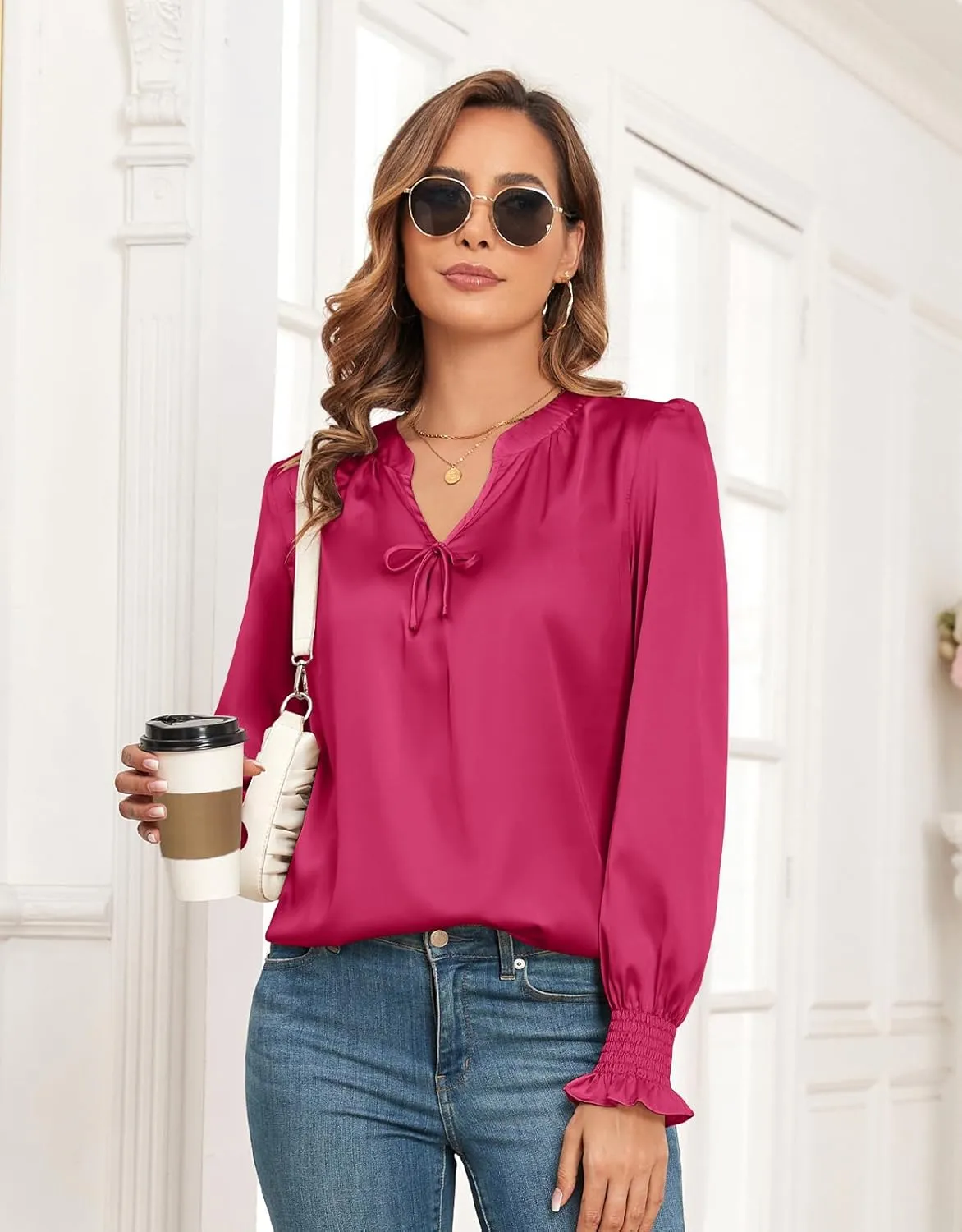 ZAFUL Womens Going Out Satin Tops 2025 Vintage Cute Bow V Neck Silky Blouse Y2K Puff Sleeve Work Shirts