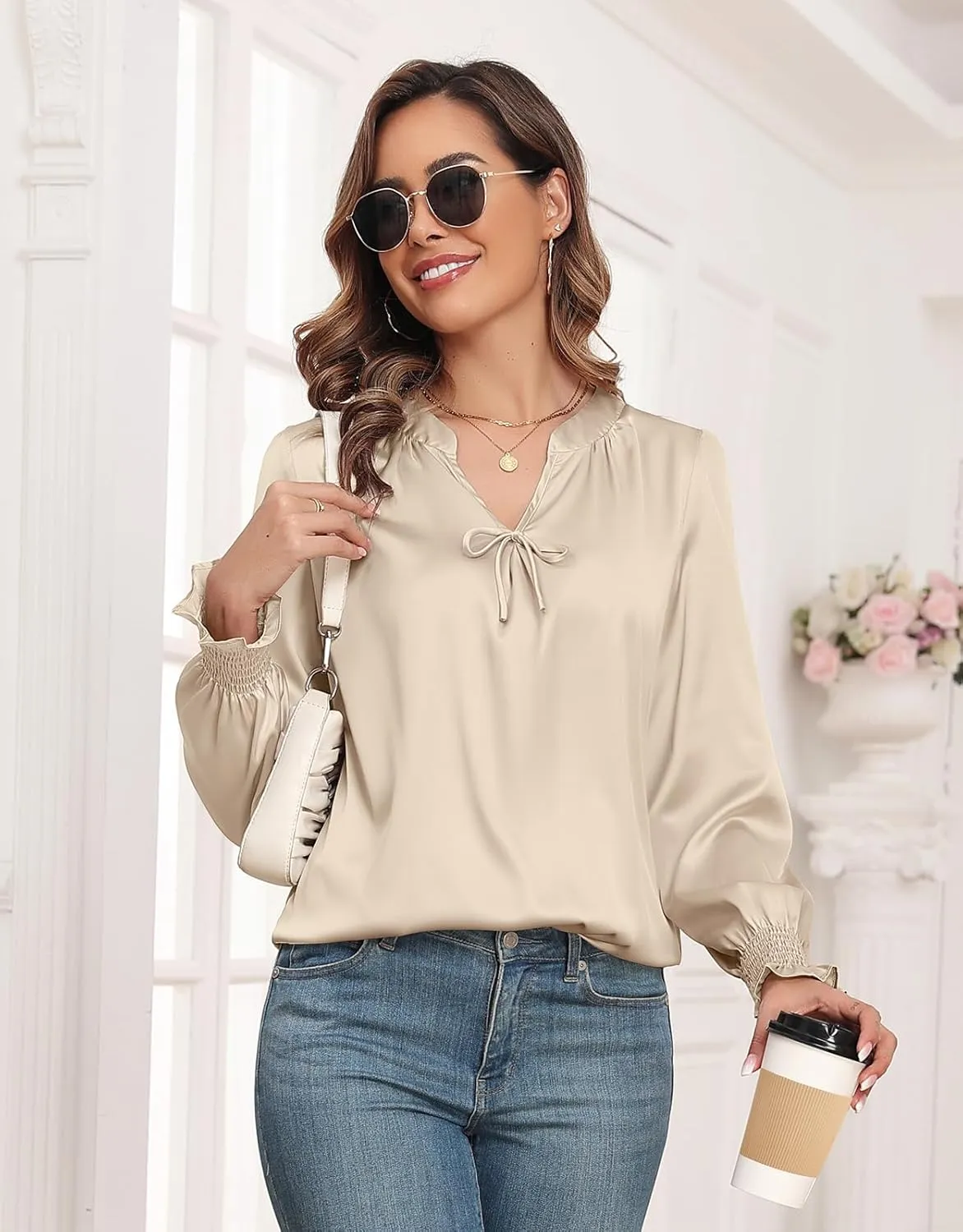 ZAFUL Womens Going Out Satin Tops 2025 Vintage Cute Bow V Neck Silky Blouse Y2K Puff Sleeve Work Shirts