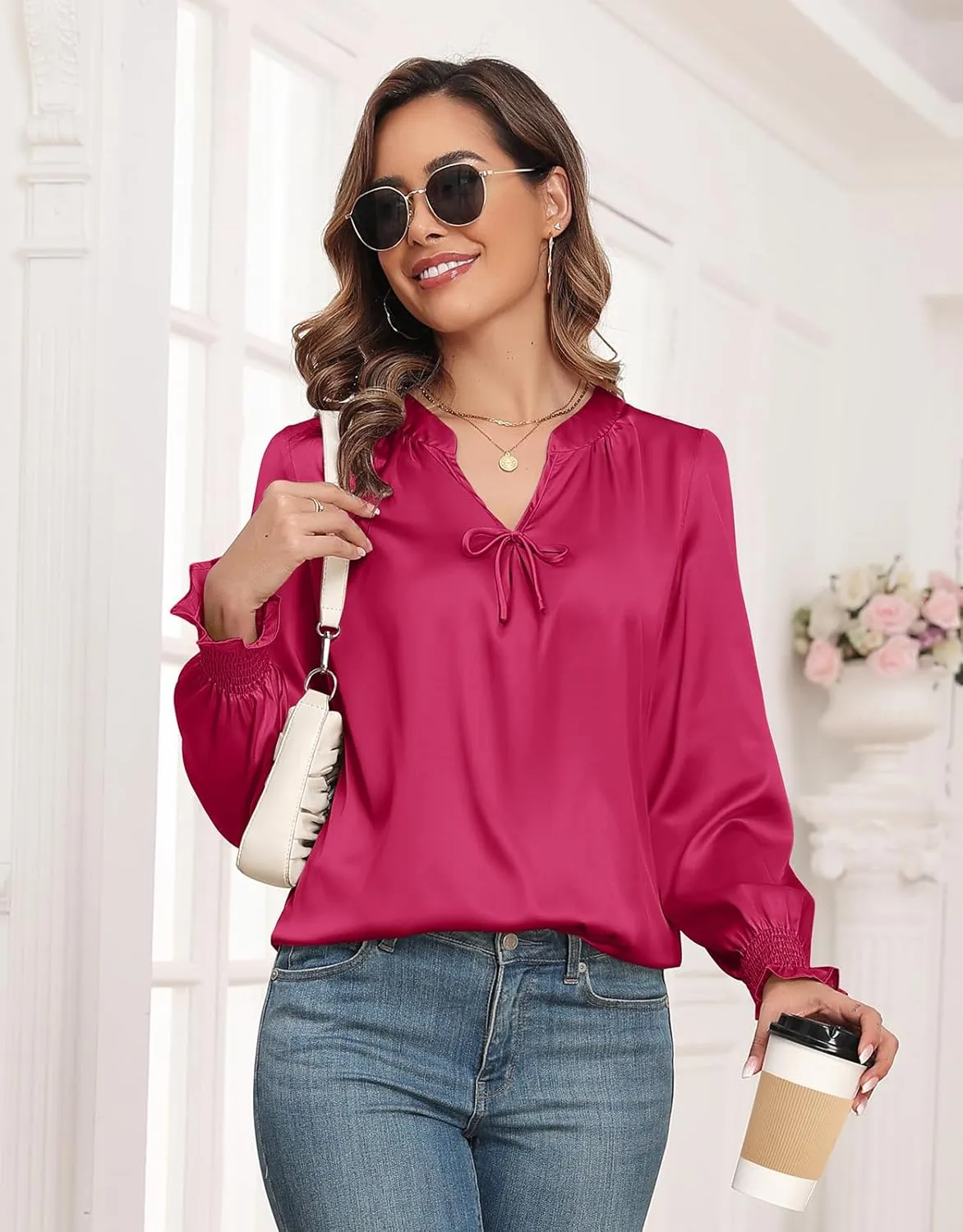 ZAFUL Womens Going Out Satin Tops 2025 Vintage Cute Bow V Neck Silky Blouse Y2K Puff Sleeve Work Shirts