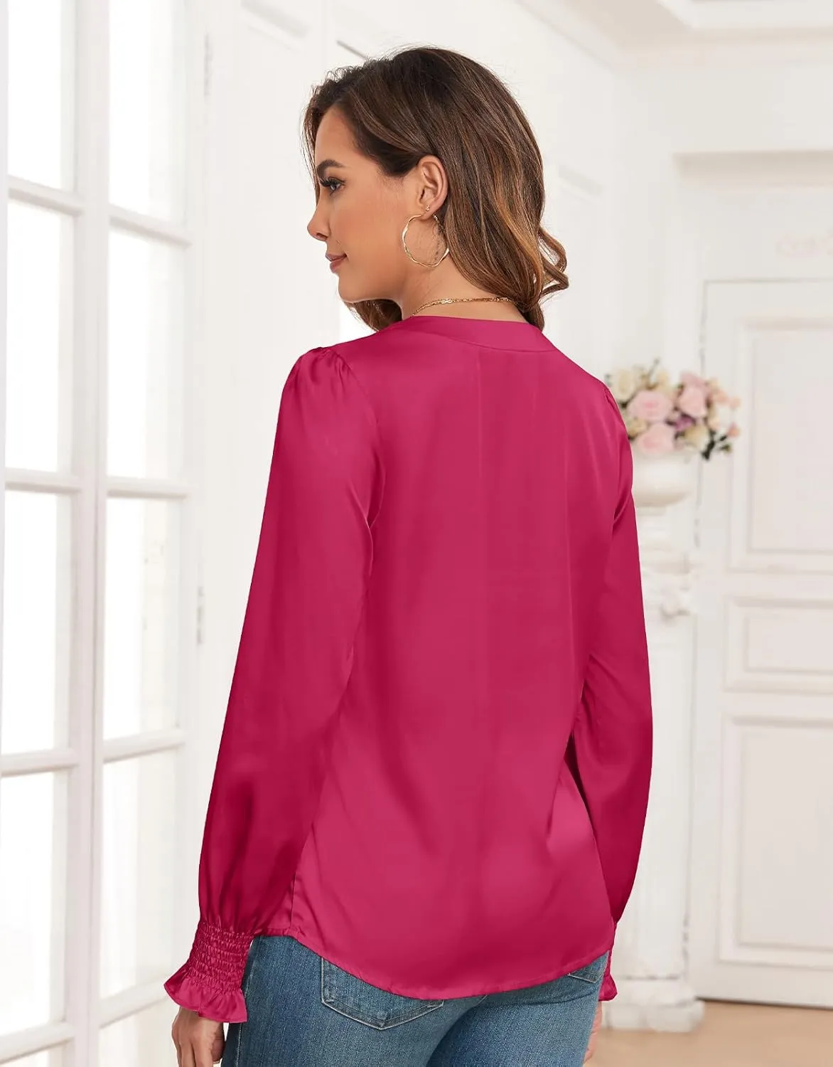 ZAFUL Womens Going Out Satin Tops 2025 Vintage Cute Bow V Neck Silky Blouse Y2K Puff Sleeve Work Shirts