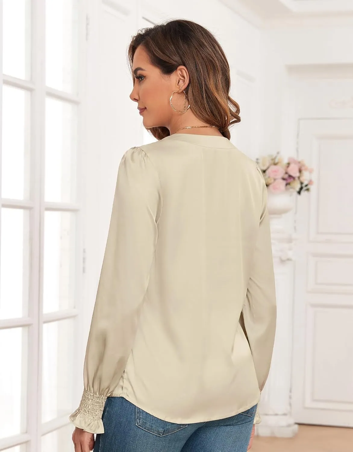 ZAFUL Womens Going Out Satin Tops 2025 Vintage Cute Bow V Neck Silky Blouse Y2K Puff Sleeve Work Shirts