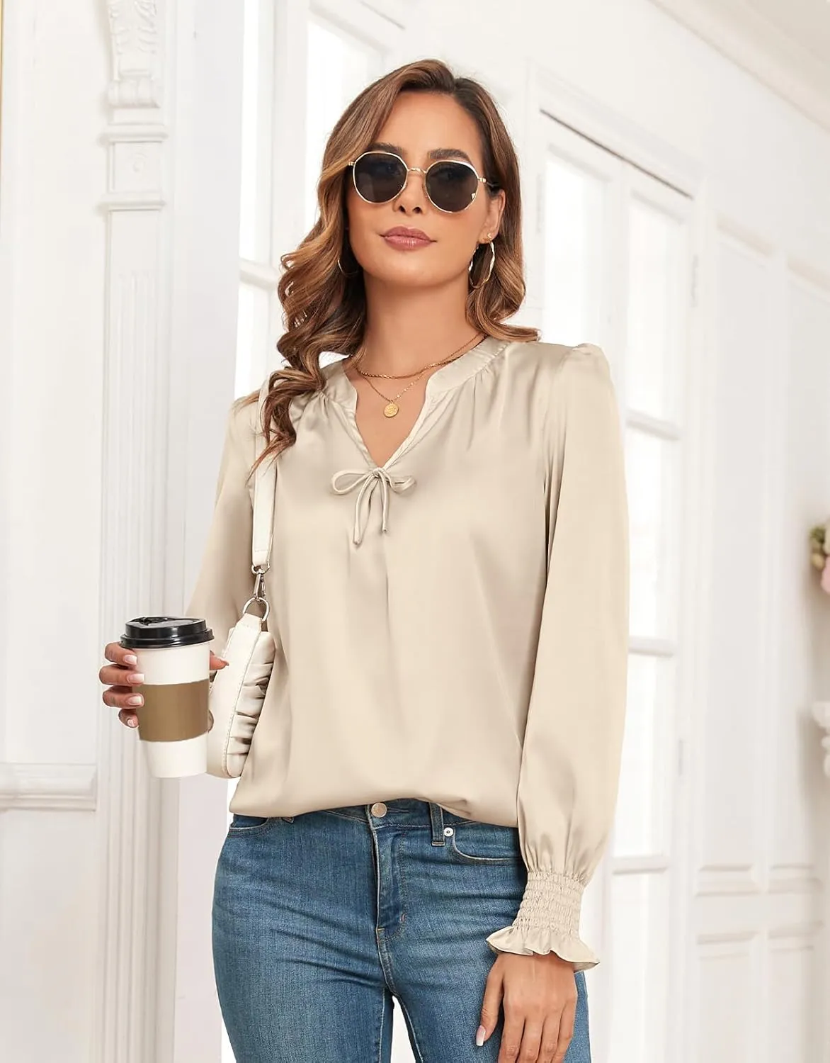 ZAFUL Womens Going Out Satin Tops 2025 Vintage Cute Bow V Neck Silky Blouse Y2K Puff Sleeve Work Shirts