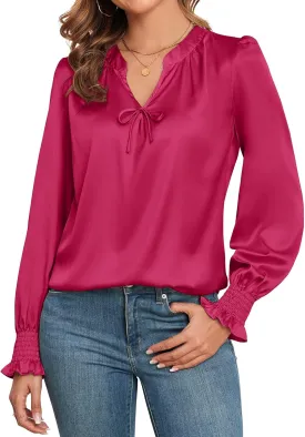 ZAFUL Womens Going Out Satin Tops 2025 Vintage Cute Bow V Neck Silky Blouse Y2K Puff Sleeve Work Shirts