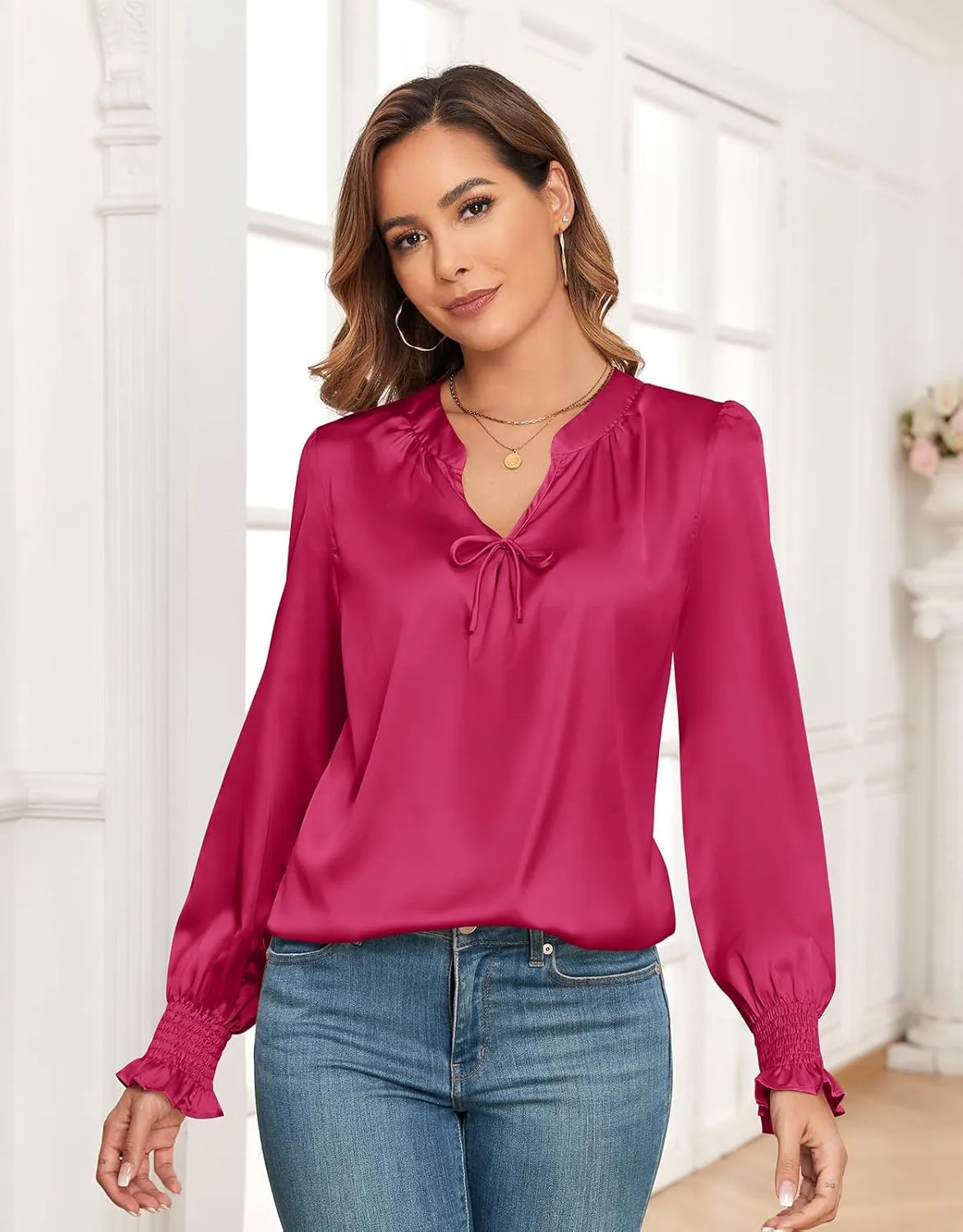 ZAFUL Womens Going Out Satin Tops 2025 Vintage Cute Bow V Neck Silky Blouse Y2K Puff Sleeve Work Shirts