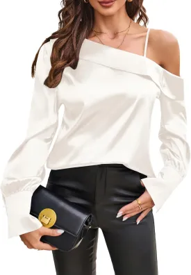ZAFUL Women's Satin-Silk-Tops Sexy Off The Shoulder Dressy Blouse for Party Casual Long-Sleeve Elegant Shirt
