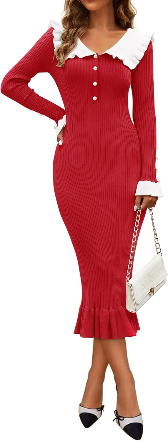 ZESICA Women's Long Sleeve Sweater Dress 2025 Spring Lapel Collar Button Elegant Casual Midi Bodycon Dresses