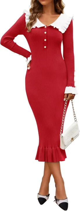 ZESICA Women's Long Sleeve Sweater Dress 2025 Spring Lapel Collar Button Elegant Casual Midi Bodycon Dresses
